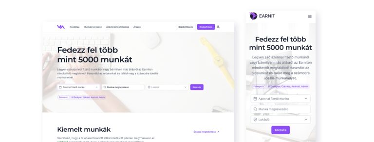 Earn It platform UI tervek laptop és mobil nézetben